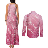 Hawaii Rose Pink Kapa Couples Matching Tank Maxi Dress and Long Sleeve Button Shirt Vintage 'Ohe Kāpala Motifs Mix Plumeria Leis