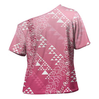 Hawaii Rose Pink Kapa Cross Shoulder Shirt Vintage 'Ohe Kāpala Motifs Mix Plumeria Leis
