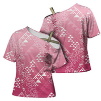 Hawaii Rose Pink Kapa Cross Shoulder Shirt Vintage 'Ohe Kāpala Motifs Mix Plumeria Leis