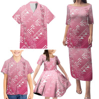 Hawaii Rose Pink Kapa Family Matching Puletasi and Hawaiian Shirt Vintage 'Ohe Kāpala Motifs Mix Plumeria Leis
