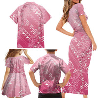 Hawaii Rose Pink Kapa Family Matching Short Sleeve Bodycon Dress and Hawaiian Shirt Vintage 'Ohe Kāpala Motifs Mix Plumeria Leis
