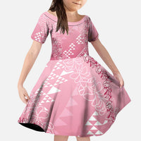 Hawaii Rose Pink Kapa Kid Short Sleeve Dress Vintage 'Ohe Kāpala Motifs Mix Plumeria Leis