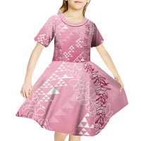 Hawaii Rose Pink Kapa Kid Short Sleeve Dress Vintage 'Ohe Kāpala Motifs Mix Plumeria Leis