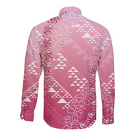 Hawaii Rose Pink Kapa Long Sleeve Button Shirt Vintage 'Ohe Kāpala Motifs Mix Plumeria Leis