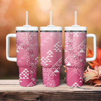 Hawaii Rose Pink Kapa Tumbler With Handle Vintage 'Ohe Kāpala Motifs Mix Plumeria Leis