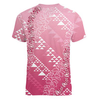 Hawaii Rose Pink Kapa Women V-Neck T-Shirt Vintage 'Ohe Kāpala Motifs Mix Plumeria Leis