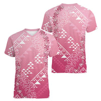 Hawaii Rose Pink Kapa Women V-Neck T-Shirt Vintage 'Ohe Kāpala Motifs Mix Plumeria Leis