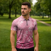 Hawaii Rose Pink Kapa Zipper Polo Shirt Vintage 'Ohe Kāpala Motifs Mix Plumeria Leis