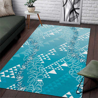 Hawaii Turquoise Kapa Area Rug Vintage 'Ohe Kāpala Motifs Mix Plumeria Leis