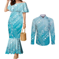 Hawaii Turquoise Kapa Couples Matching Mermaid Dress and Long Sleeve Button Shirt Vintage 'Ohe Kāpala Motifs Mix Plumeria Leis