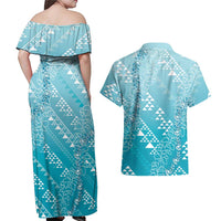 Hawaii Turquoise Kapa Couples Matching Off Shoulder Maxi Dress and Hawaiian Shirt Vintage 'Ohe Kāpala Motifs Mix Plumeria Leis