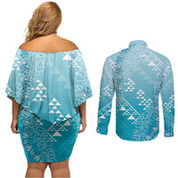 Hawaii Turquoise Kapa Couples Matching Off Shoulder Short Dress and Long Sleeve Button Shirt Vintage 'Ohe Kāpala Motifs Mix Plumeria Leis LT7 - Polynesian Pride