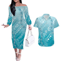 Hawaii Turquoise Kapa Couples Matching Off The Shoulder Long Sleeve Dress and Hawaiian Shirt Vintage 'Ohe Kāpala Motifs Mix Plumeria Leis