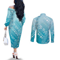 Hawaii Turquoise Kapa Couples Matching Off The Shoulder Long Sleeve Dress and Long Sleeve Button Shirt Vintage 'Ohe Kāpala Motifs Mix Plumeria Leis