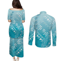 Hawaii Turquoise Kapa Couples Matching Puletasi and Long Sleeve Button Shirt Vintage 'Ohe Kāpala Motifs Mix Plumeria Leis