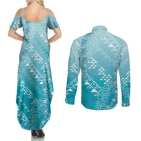 Hawaii Turquoise Kapa Couples Matching Summer Maxi Dress and Long Sleeve Button Shirt Vintage 'Ohe Kāpala Motifs Mix Plumeria Leis