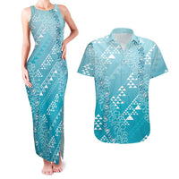 Hawaii Turquoise Kapa Couples Matching Tank Maxi Dress and Hawaiian Shirt Vintage 'Ohe Kāpala Motifs Mix Plumeria Leis