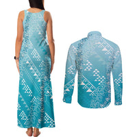 Hawaii Turquoise Kapa Couples Matching Tank Maxi Dress and Long Sleeve Button Shirt Vintage 'Ohe Kāpala Motifs Mix Plumeria Leis