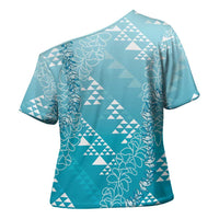 Hawaii Turquoise Kapa Cross Shoulder Shirt Vintage 'Ohe Kāpala Motifs Mix Plumeria Leis