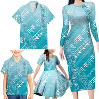 Hawaii Turquoise Kapa Family Matching Long Sleeve Bodycon Dress and Hawaiian Shirt Vintage 'Ohe Kāpala Motifs Mix Plumeria Leis