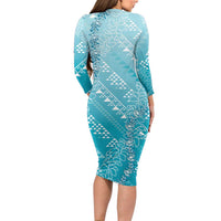 Hawaii Turquoise Kapa Family Matching Long Sleeve Bodycon Dress and Hawaiian Shirt Vintage 'Ohe Kāpala Motifs Mix Plumeria Leis