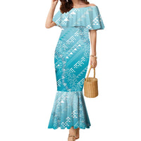 Hawaii Turquoise Kapa Family Matching Mermaid Dress and Hawaiian Shirt Vintage 'Ohe Kāpala Motifs Mix Plumeria Leis