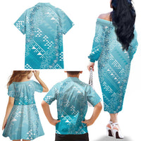 Hawaii Turquoise Kapa Family Matching Off The Shoulder Long Sleeve Dress and Hawaiian Shirt Vintage 'Ohe Kāpala Motifs Mix Plumeria Leis