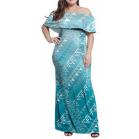 Hawaii Turquoise Kapa Family Matching Off Shoulder Maxi Dress and Hawaiian Shirt Vintage 'Ohe Kāpala Motifs Mix Plumeria Leis
