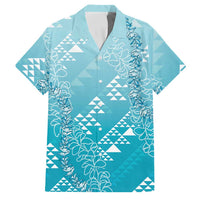 Hawaii Turquoise Kapa Family Matching Off Shoulder Short Dress and Hawaiian Shirt Vintage 'Ohe Kāpala Motifs Mix Plumeria Leis