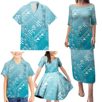 Hawaii Turquoise Kapa Family Matching Puletasi and Hawaiian Shirt Vintage 'Ohe Kāpala Motifs Mix Plumeria Leis