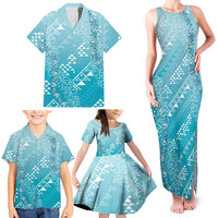 Hawaii Turquoise Kapa Family Matching Tank Maxi Dress and Hawaiian Shirt Vintage 'Ohe Kāpala Motifs Mix Plumeria Leis