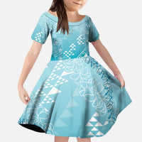 Hawaii Turquoise Kapa Kid Short Sleeve Dress Vintage 'Ohe Kāpala Motifs Mix Plumeria Leis