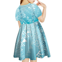 Hawaii Turquoise Kapa Kid Short Sleeve Dress Vintage 'Ohe Kāpala Motifs Mix Plumeria Leis