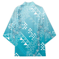 Hawaii Turquoise Kapa Kimono Vintage 'Ohe Kāpala Motifs Mix Plumeria Leis