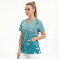 Hawaii Turquoise Kapa Scrub Top Vintage 'Ohe Kāpala Motifs Mix Plumeria Leis LT7 - Polynesian Pride