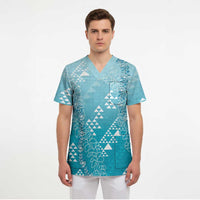 Hawaii Turquoise Kapa Scrub Top Vintage 'Ohe Kāpala Motifs Mix Plumeria Leis LT7 - Polynesian Pride