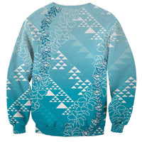 Hawaii Turquoise Kapa Sweatshirt Vintage 'Ohe Kāpala Motifs Mix Plumeria Leis