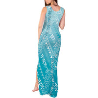 Hawaii Turquoise Kapa Tank Maxi Dress Vintage 'Ohe Kāpala Motifs Mix Plumeria Leis