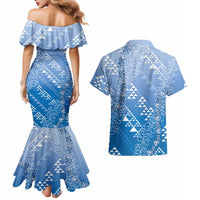 Hawaii Royal Blue Kapa Couples Matching Mermaid Dress and Hawaiian Shirt Vintage 'Ohe Kāpala Motifs Mix Plumeria Leis
