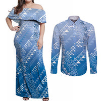 Hawaii Royal Blue Kapa Couples Matching Off Shoulder Maxi Dress and Long Sleeve Button Shirt Vintage 'Ohe Kāpala Motifs Mix Plumeria Leis