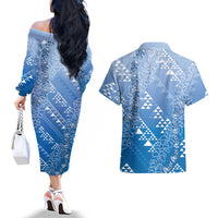 Hawaii Royal Blue Kapa Couples Matching Off The Shoulder Long Sleeve Dress and Hawaiian Shirt Vintage 'Ohe Kāpala Motifs Mix Plumeria Leis
