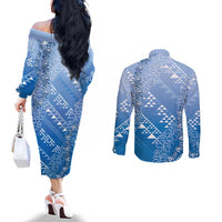 Hawaii Royal Blue Kapa Couples Matching Off The Shoulder Long Sleeve Dress and Long Sleeve Button Shirt Vintage 'Ohe Kāpala Motifs Mix Plumeria Leis