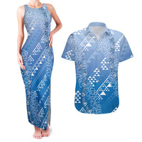Hawaii Royal Blue Kapa Couples Matching Tank Maxi Dress and Hawaiian Shirt Vintage 'Ohe Kāpala Motifs Mix Plumeria Leis