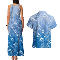 Hawaii Royal Blue Kapa Couples Matching Tank Maxi Dress and Hawaiian Shirt Vintage 'Ohe Kāpala Motifs Mix Plumeria Leis