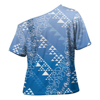 Hawaii Royal Blue Kapa Cross Shoulder Shirt Vintage 'Ohe Kāpala Motifs Mix Plumeria Leis