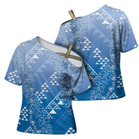 Hawaii Royal Blue Kapa Cross Shoulder Shirt Vintage 'Ohe Kāpala Motifs Mix Plumeria Leis
