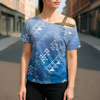 Hawaii Royal Blue Kapa Cross Shoulder Shirt Vintage 'Ohe Kāpala Motifs Mix Plumeria Leis