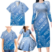 Hawaii Royal Blue Kapa Family Matching Long Sleeve Bodycon Dress and Hawaiian Shirt Vintage 'Ohe Kāpala Motifs Mix Plumeria Leis LT7 - Polynesian Pride