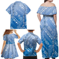 Hawaii Royal Blue Kapa Family Matching Off Shoulder Maxi Dress and Hawaiian Shirt Vintage 'Ohe Kāpala Motifs Mix Plumeria Leis