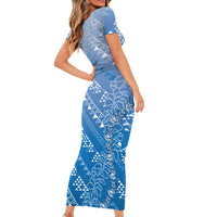 Hawaii Royal Blue Kapa Family Matching Short Sleeve Bodycon Dress and Hawaiian Shirt Vintage 'Ohe Kāpala Motifs Mix Plumeria Leis